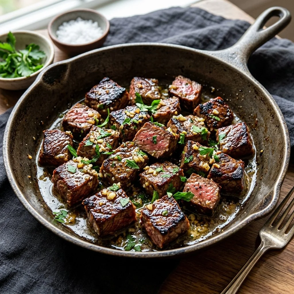 Delicious garlic butter steak bites served in a skillet
