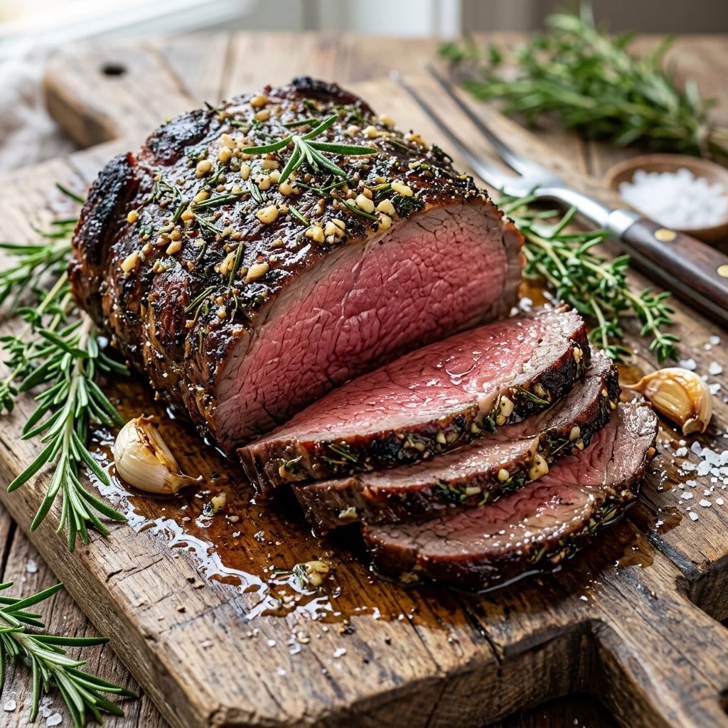 Garlic herb roast beef dish garnished with herbs and spices