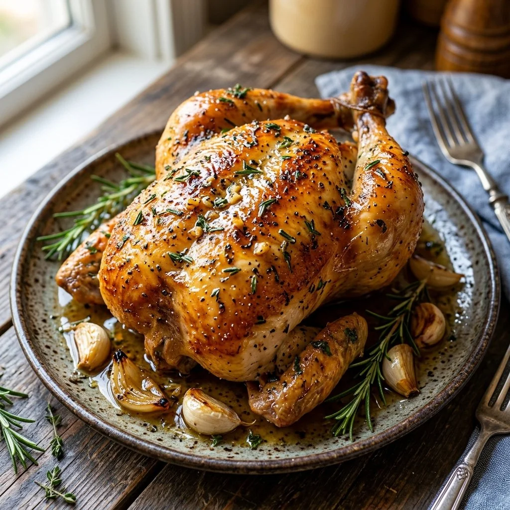 Garlic Herb Roasted Chicken garnished with fresh herbs for a flavorful meal