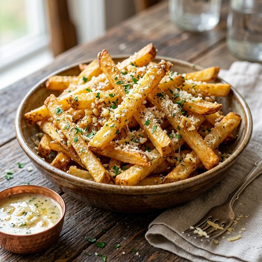 Crispy Garlic Parmesan Fries served in a bowl with fresh herbs