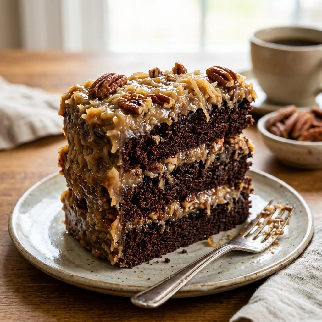 A slice of decadent German Chocolate Cake topped with coconut and pecans.