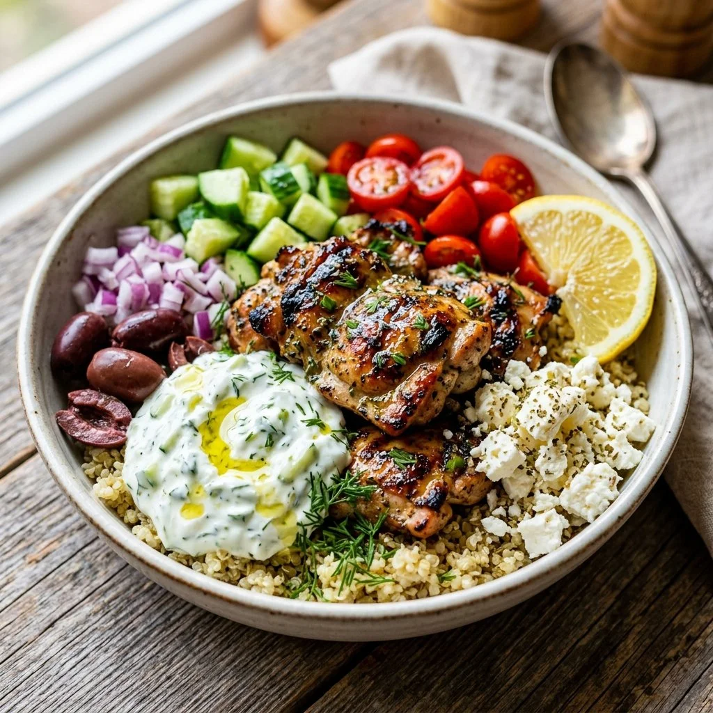 Delicious Greek Chicken Bowl with fresh vegetables and herbs