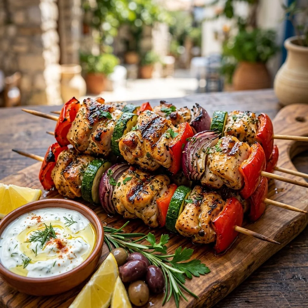 Greek chicken skewers marinated with herbs and grilled to perfection