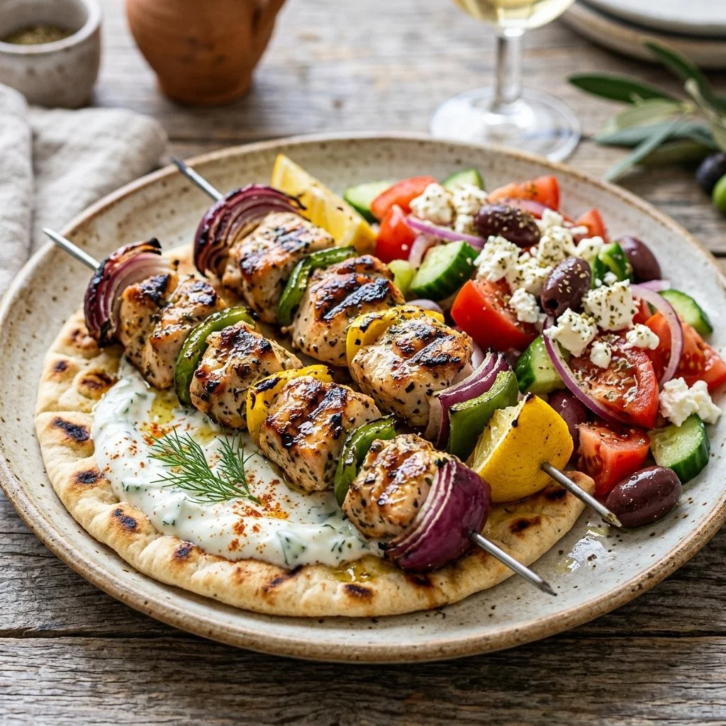 Delicious Greek Chicken Souvlaki skewers served with fresh vegetables.