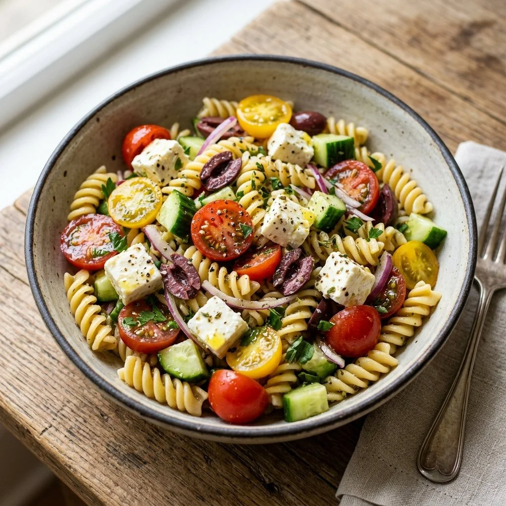 Bowl of Greek Pasta Salad with tomatoes, olives, feta cheese, and fresh herbs.