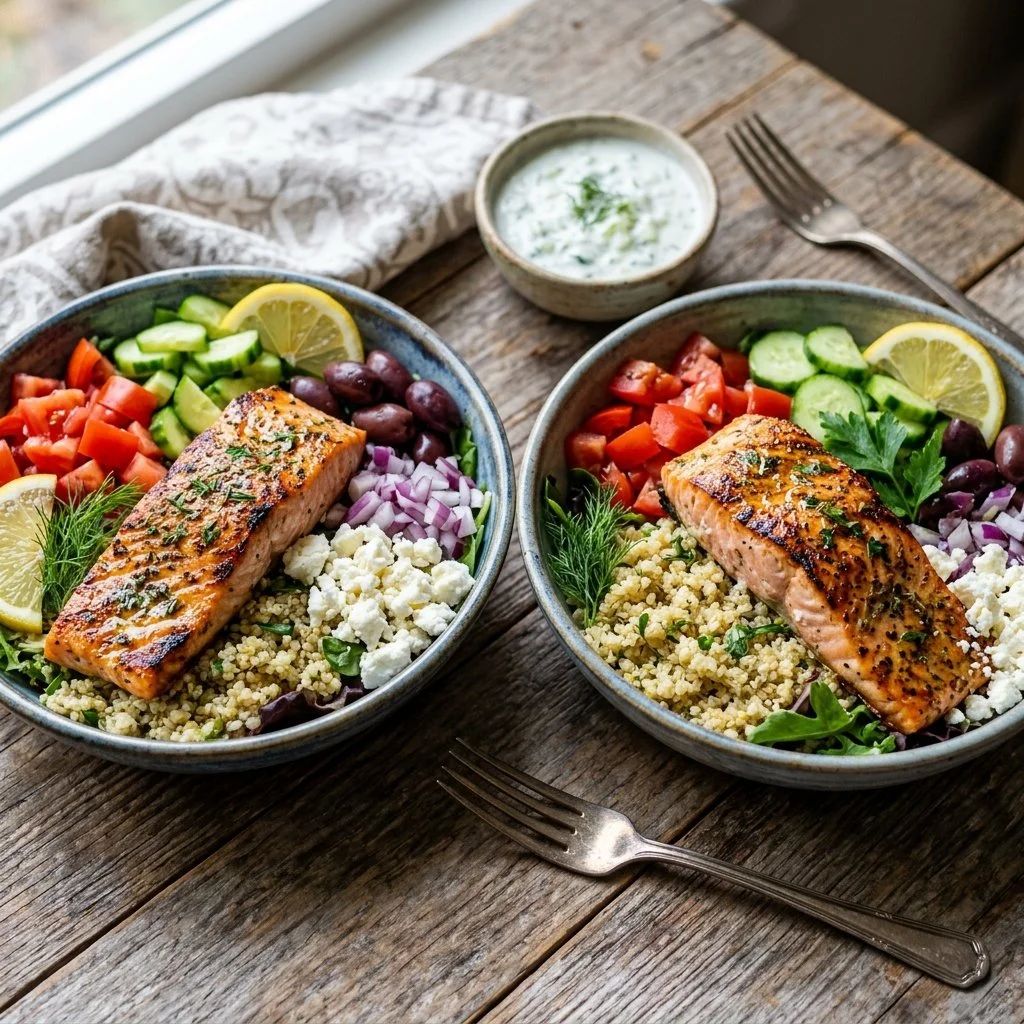 Greek salmon bowls with fresh vegetables and dressing