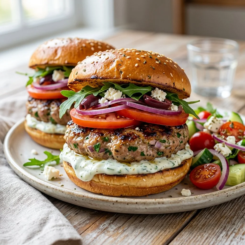 Cooked Greek Turkey Burgers served with tzatziki sauce and fresh vegetables
