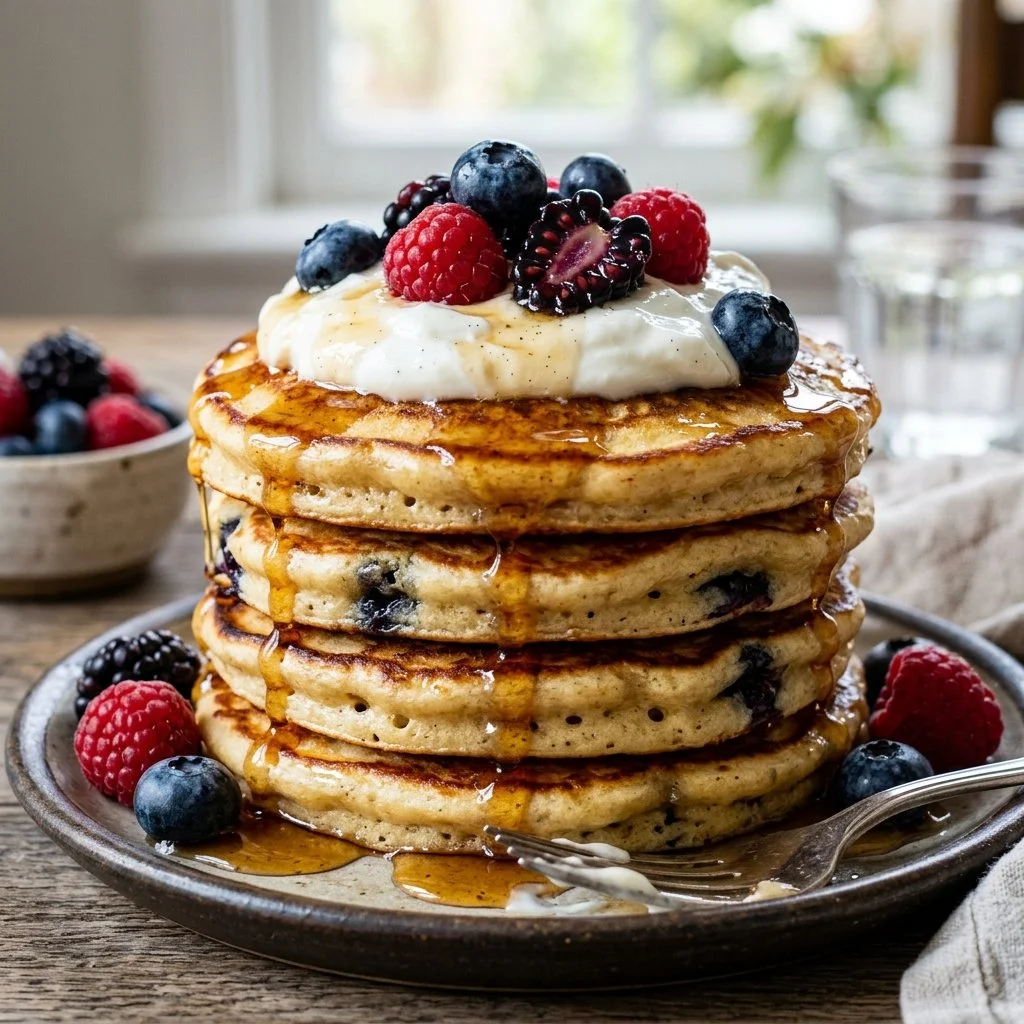 Fluffy Greek yogurt pancakes served with fresh fruit and syrup