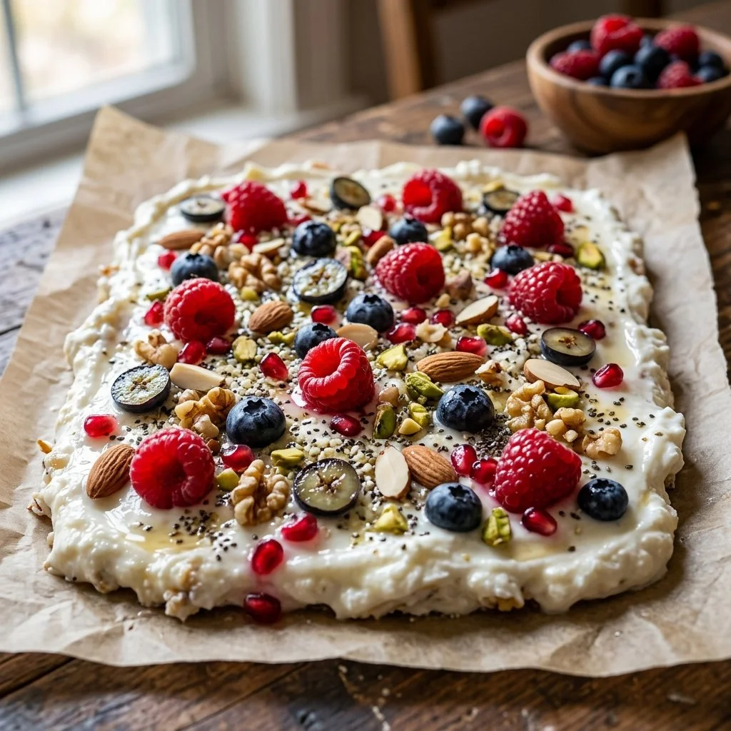 Healthy Greek yogurt protein bark ready to be enjoyed as a nutritious snack.