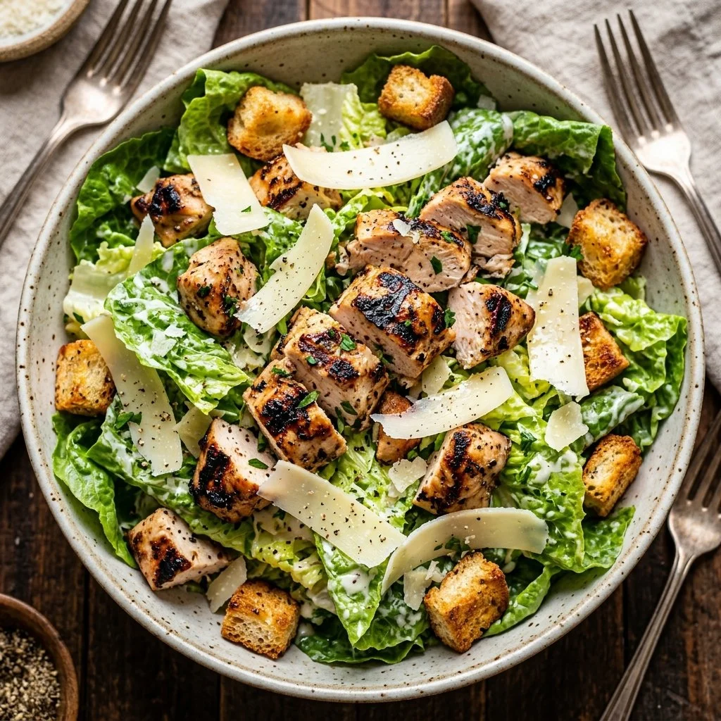 Delicious Grilled Chicken Caesar Salad with romaine lettuce and creamy dressing