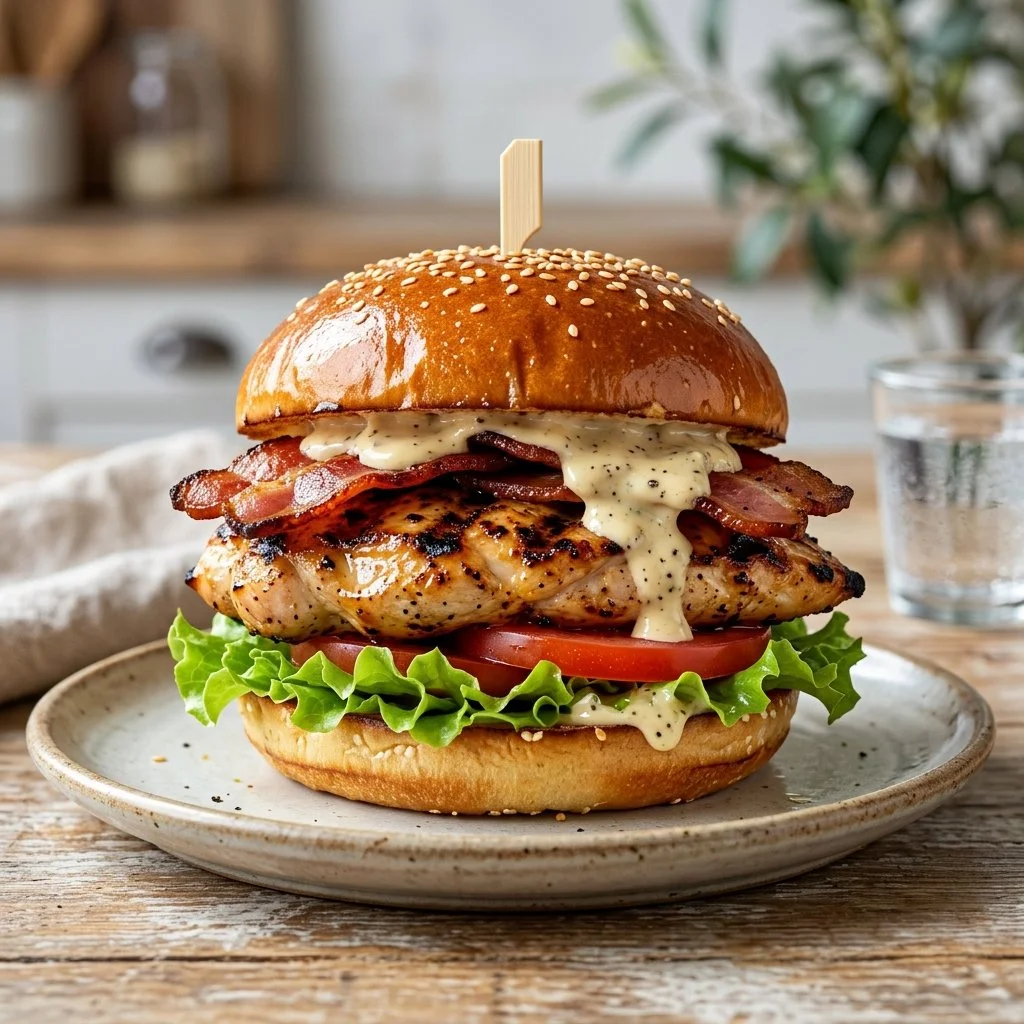 Delicious grilled chicken sandwich with fresh toppings on a plate.