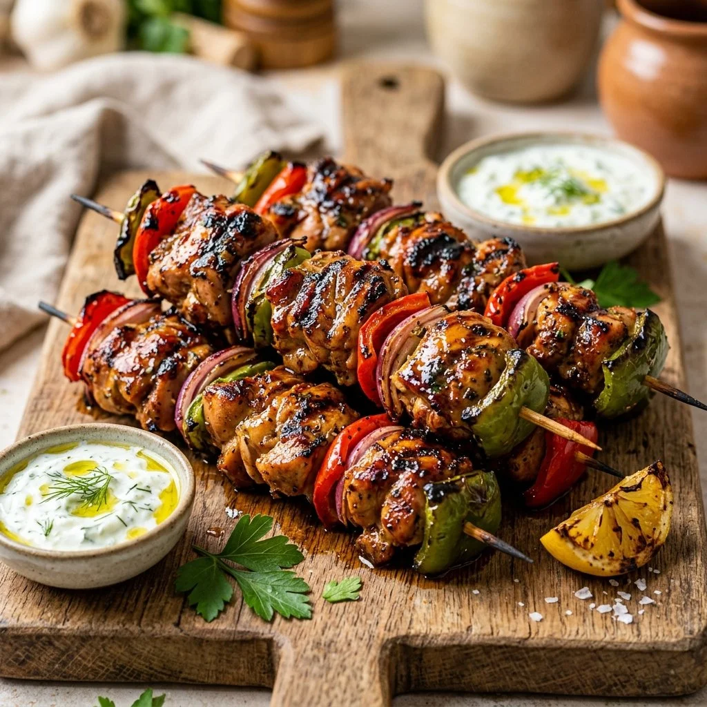 Delicious grilled chicken skewers served with fresh vegetables.