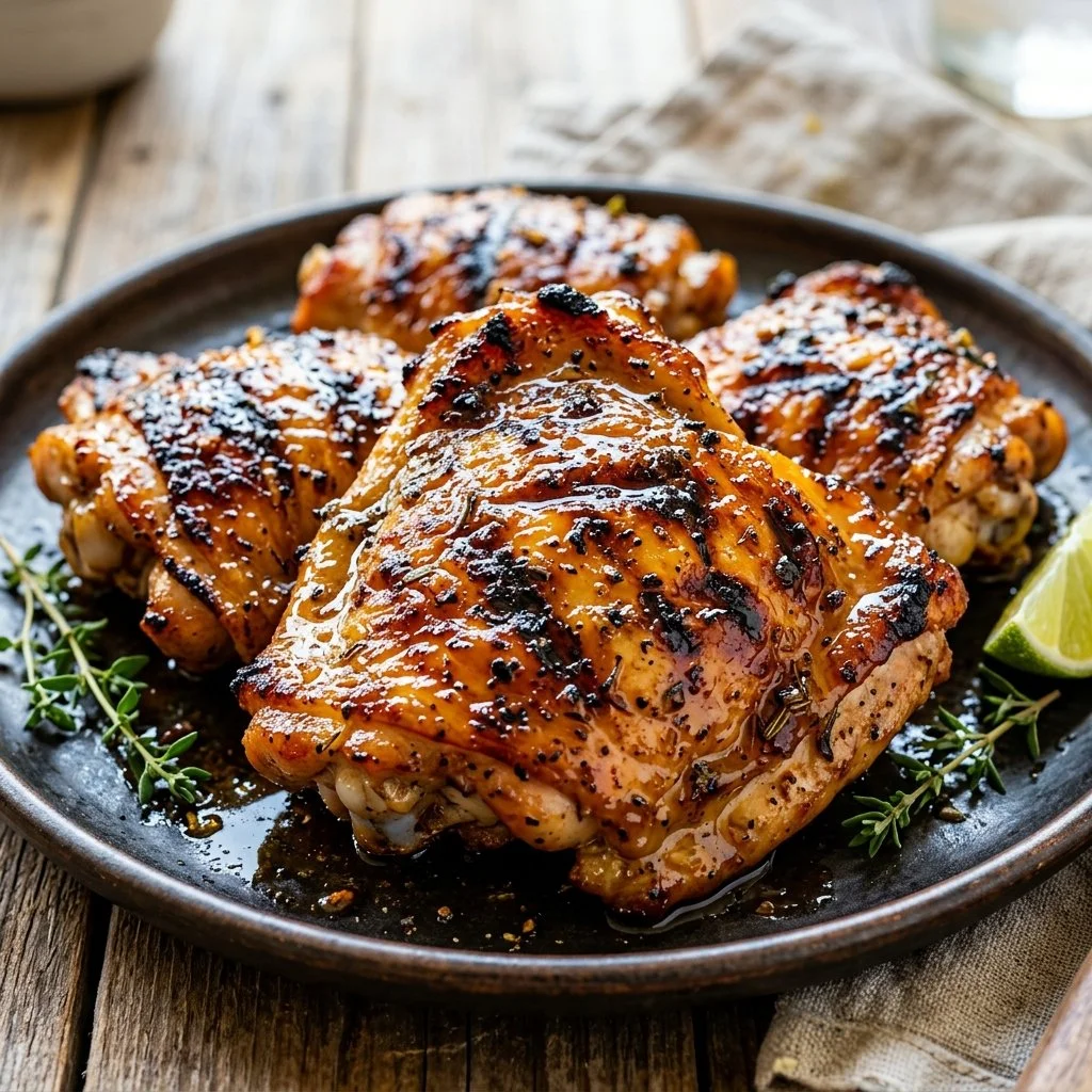 Delicious grilled chicken thighs on a platter served with fresh herbs and lemon.
