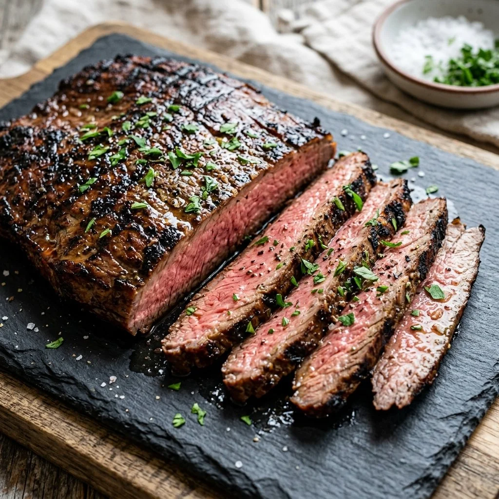 Juicy grilled flank steak served with herbs and spices