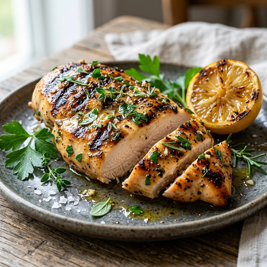 Delicious grilled lemon herb chicken served with fresh herbs and lemon slices.