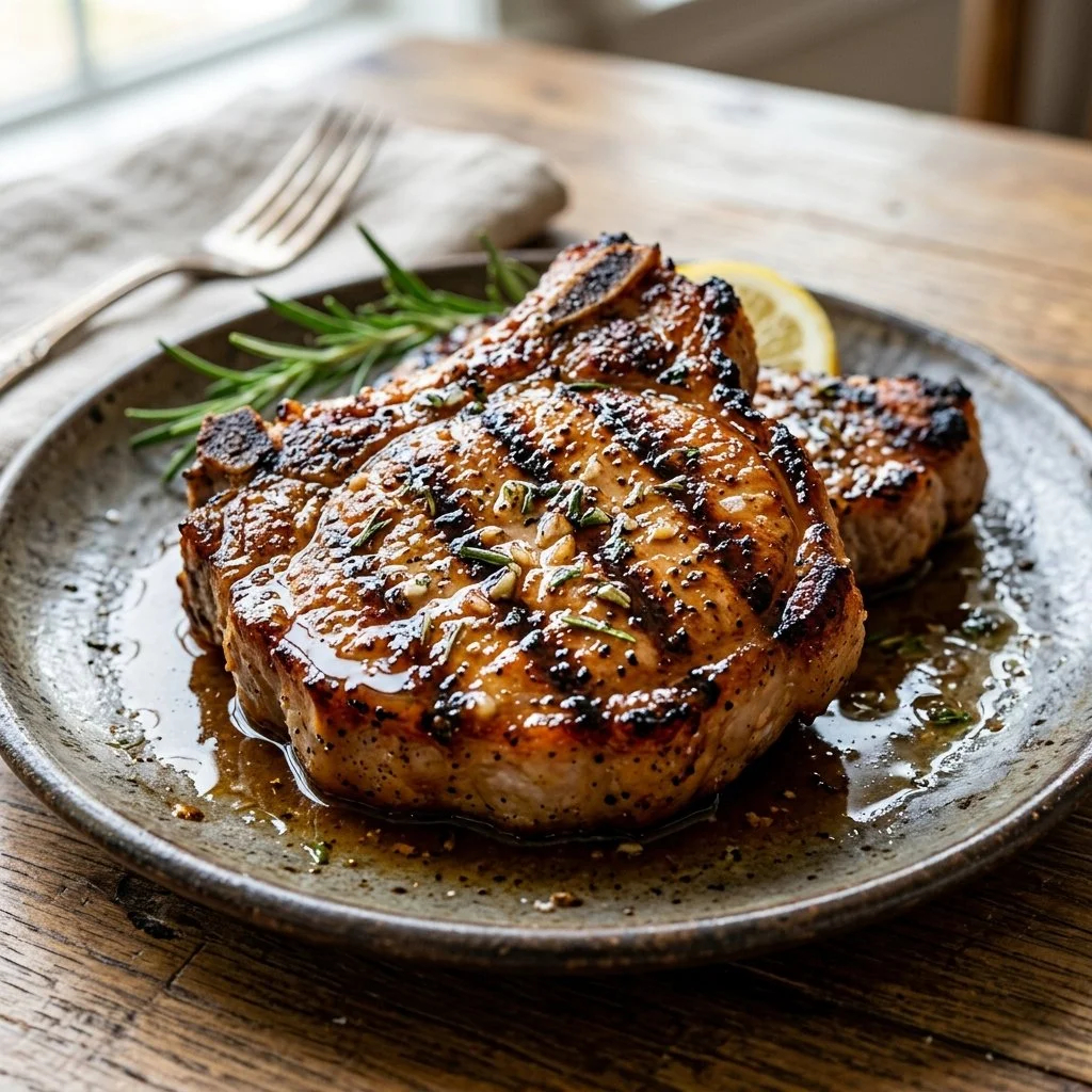 Succulent grilled pork chops served on a plate with herbs and spices