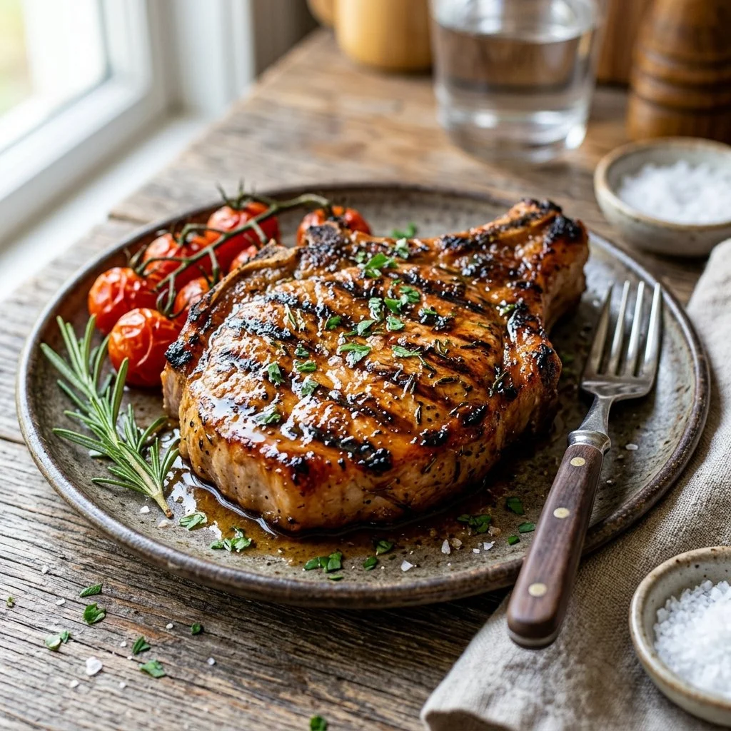 Delicious grilled pork chops on a barbecue grill ready to be served.