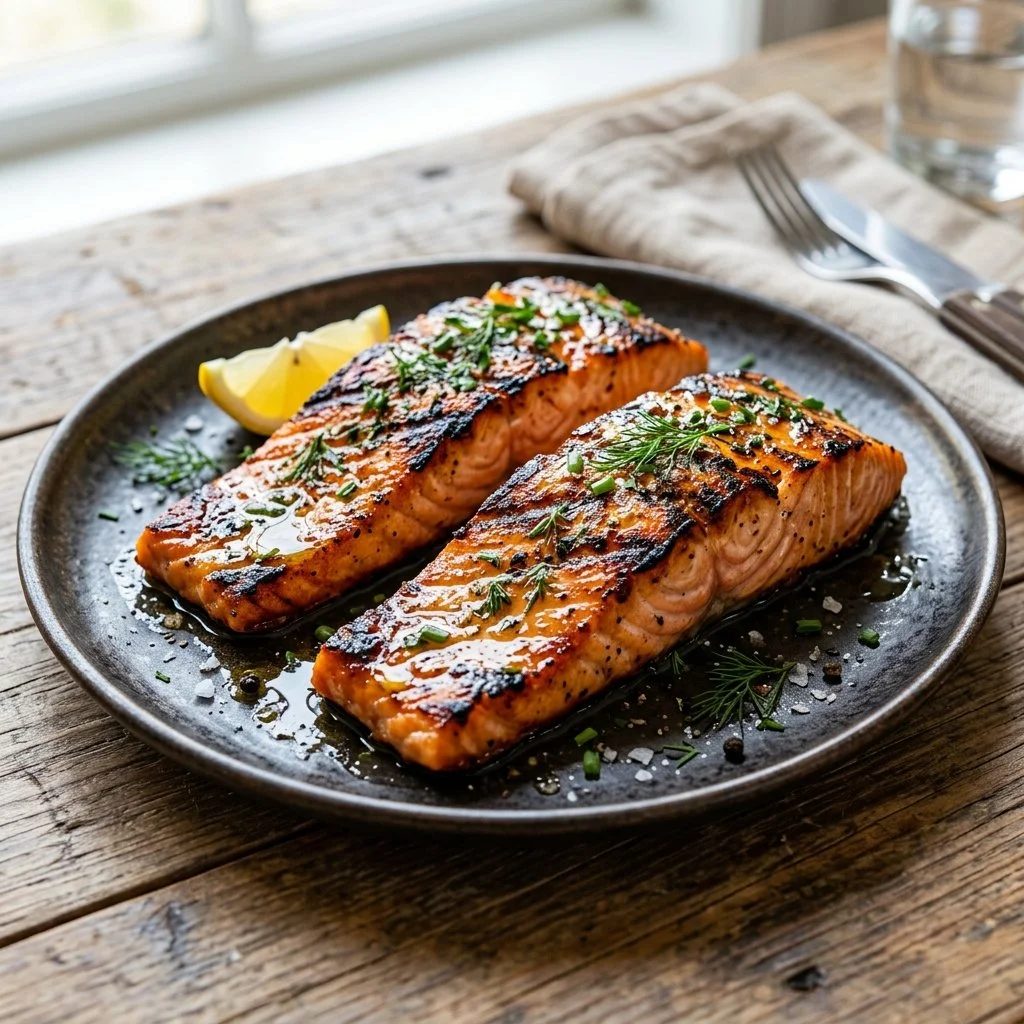 Delicious grilled salmon fillets perfectly cooked on a barbecue grill.