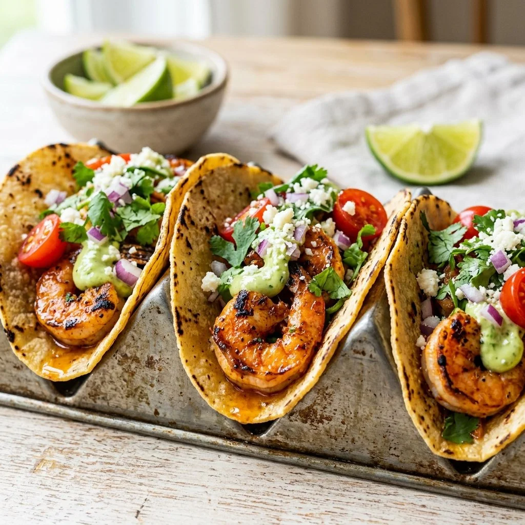 Delicious grilled shrimp tacos topped with fresh salsa and cilantro