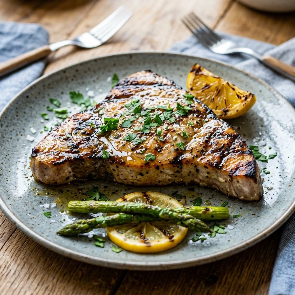 Delicious grilled swordfish served with fresh vegetables and lemon garnish