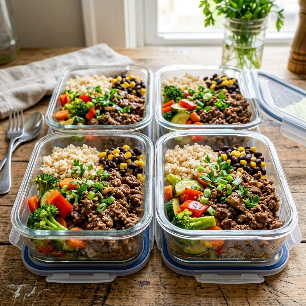 Ground beef meal prep containers with healthy ingredients ready for the week.