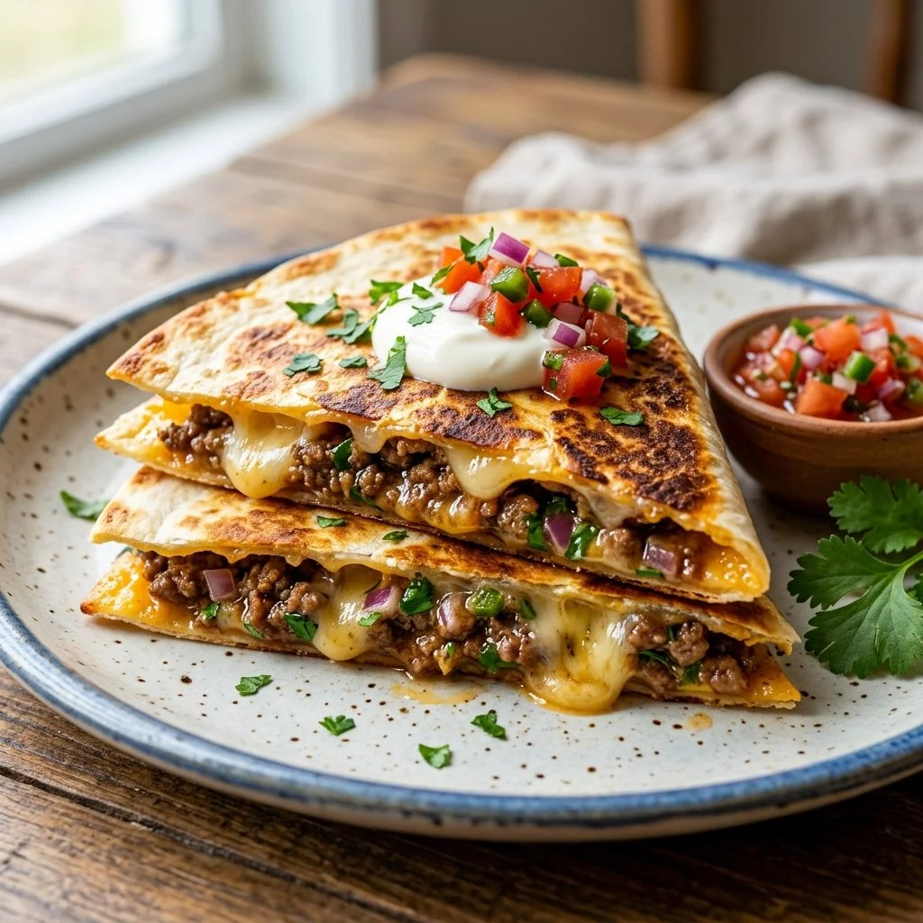 Delicious and cheesy ground beef quesadillas served with salsa and guacamole