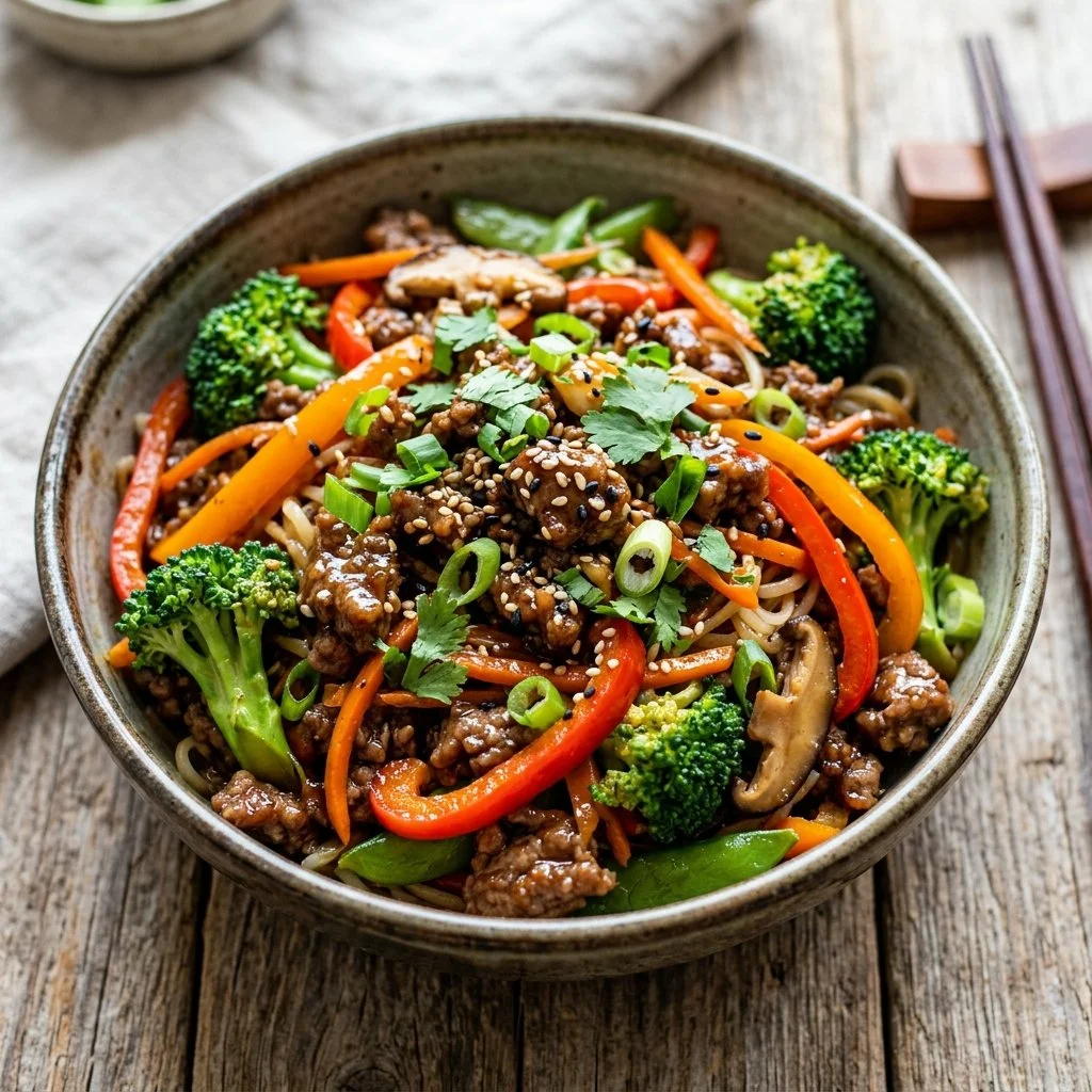 Delicious ground beef stir fry with colorful vegetables in a skillet