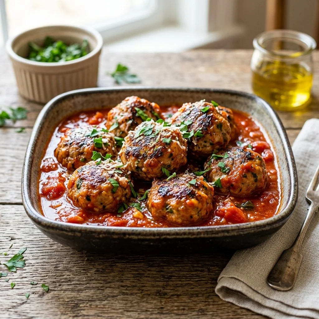 Healthy ground turkey meatballs on a plate, garnished with herbs.