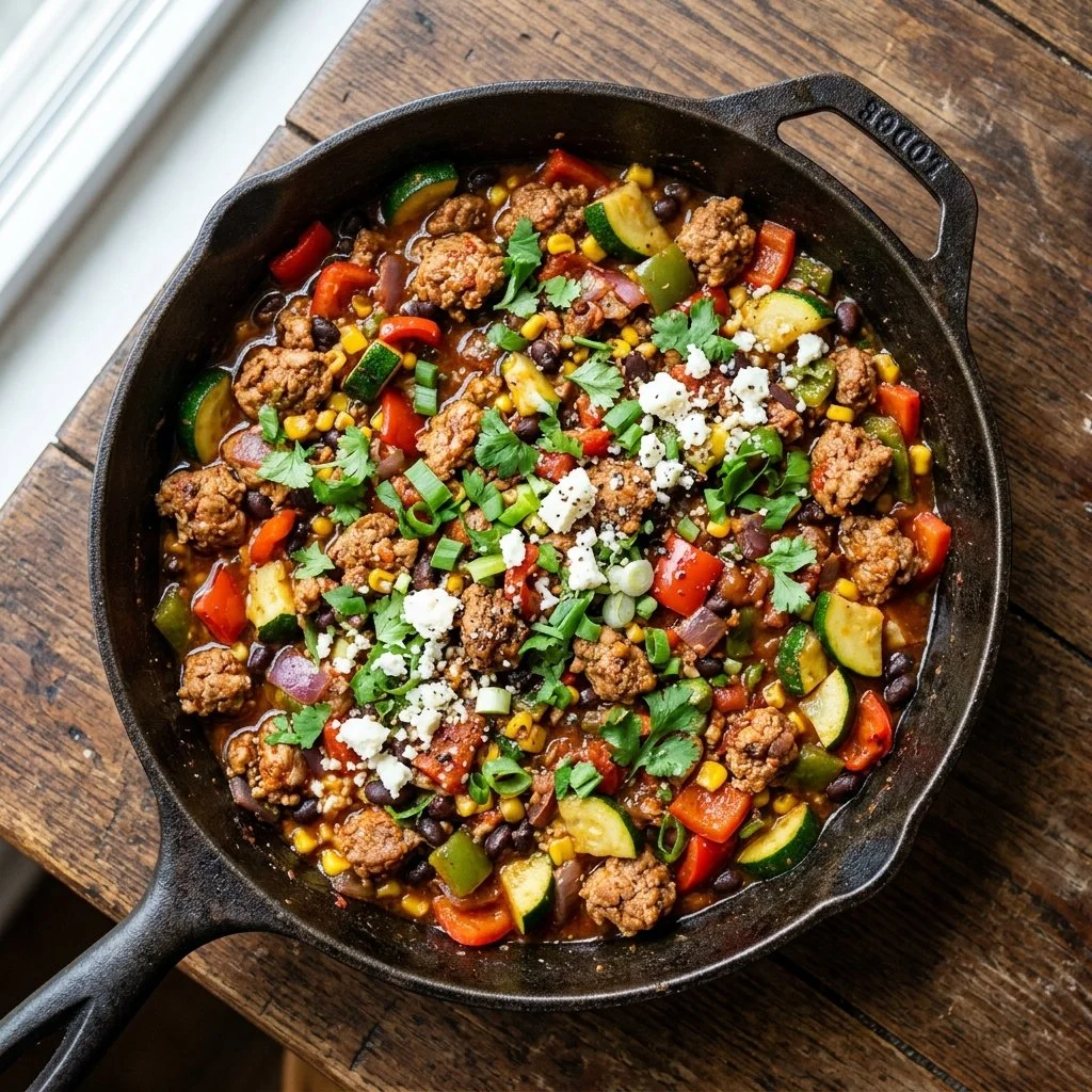 Delicious ground turkey skillet dish with vegetables in a pan.