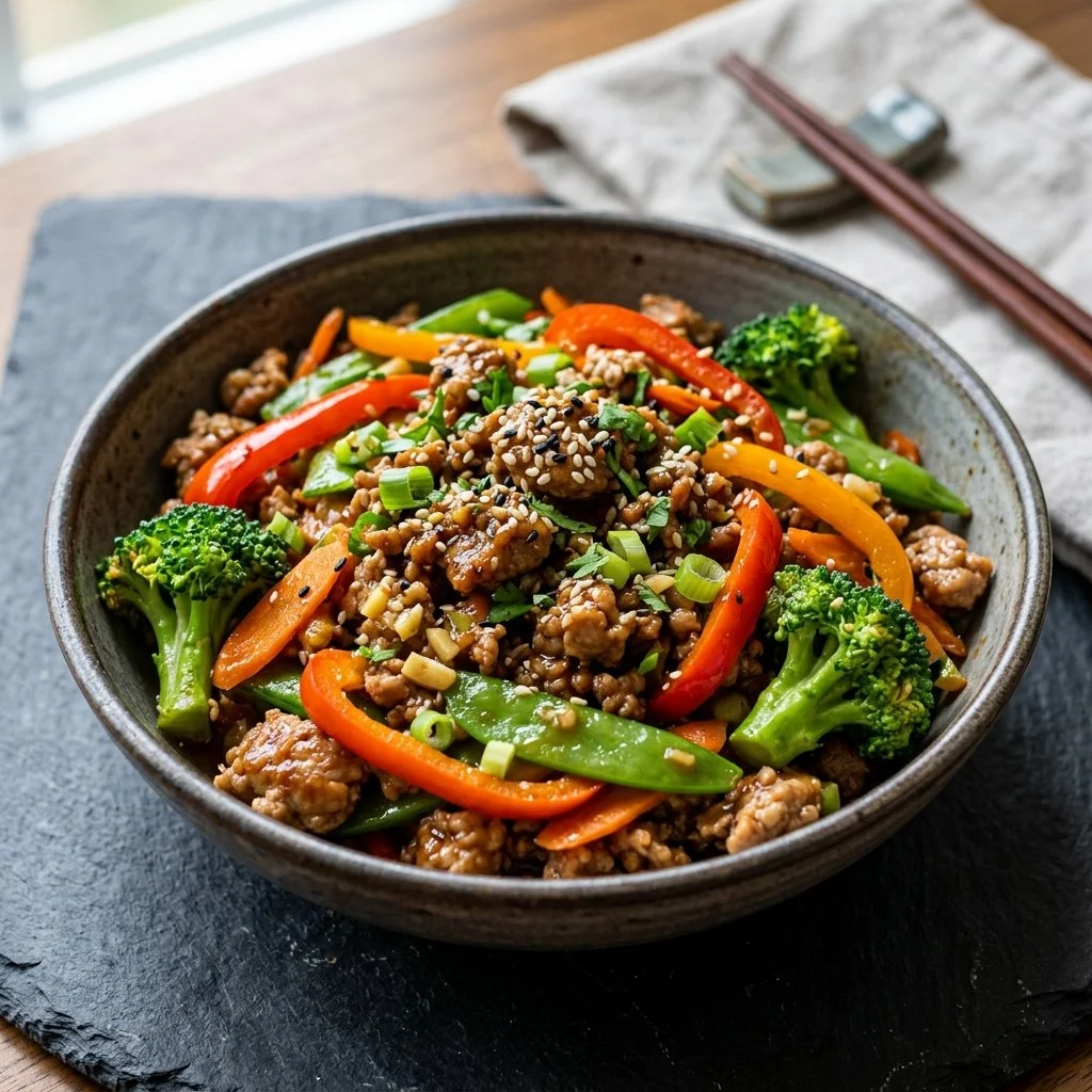 Ground turkey stir fry with vegetables in a skillet