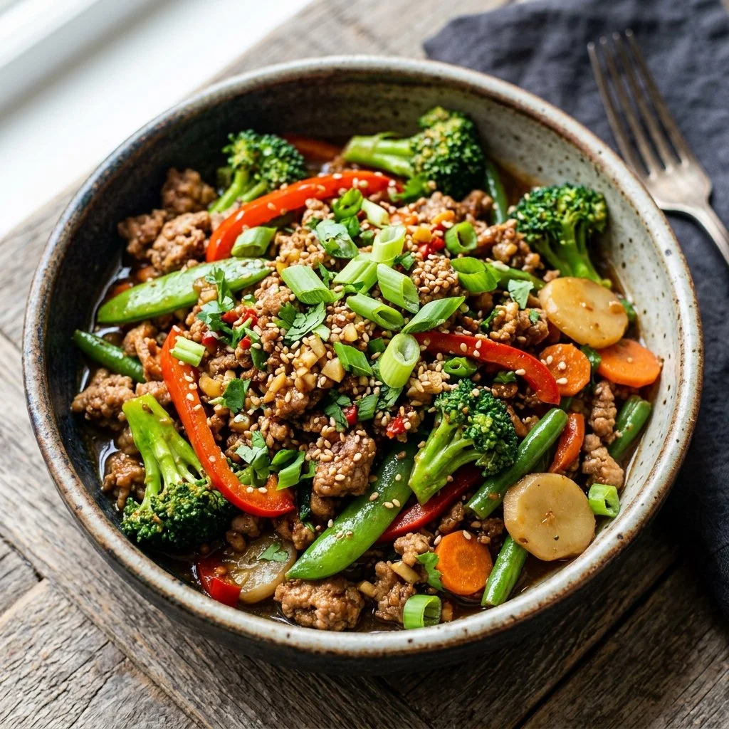 Delicious ground turkey stir fry with colorful vegetables in a skillet.