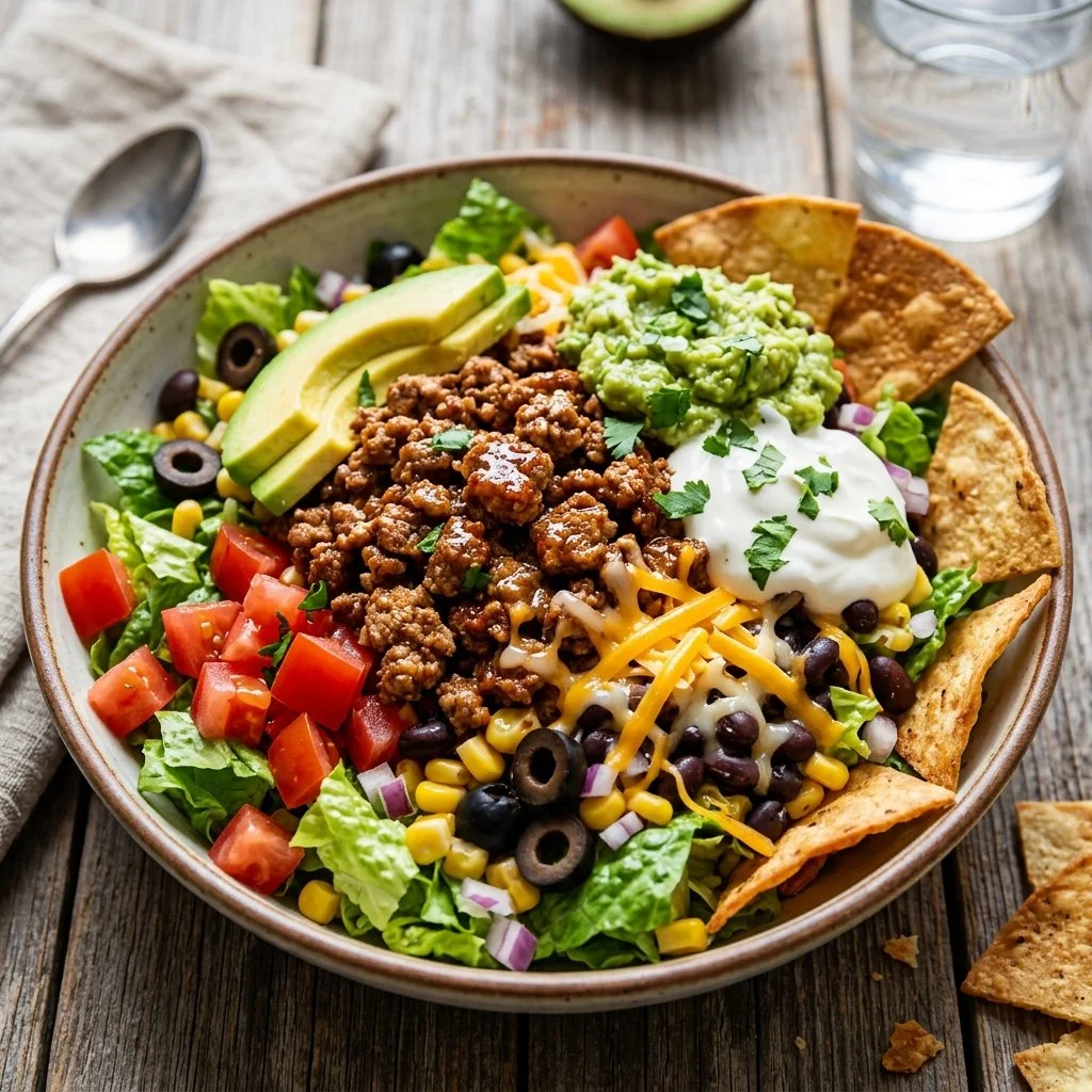 Ground turkey taco salad with fresh vegetables and toppings in a bowl