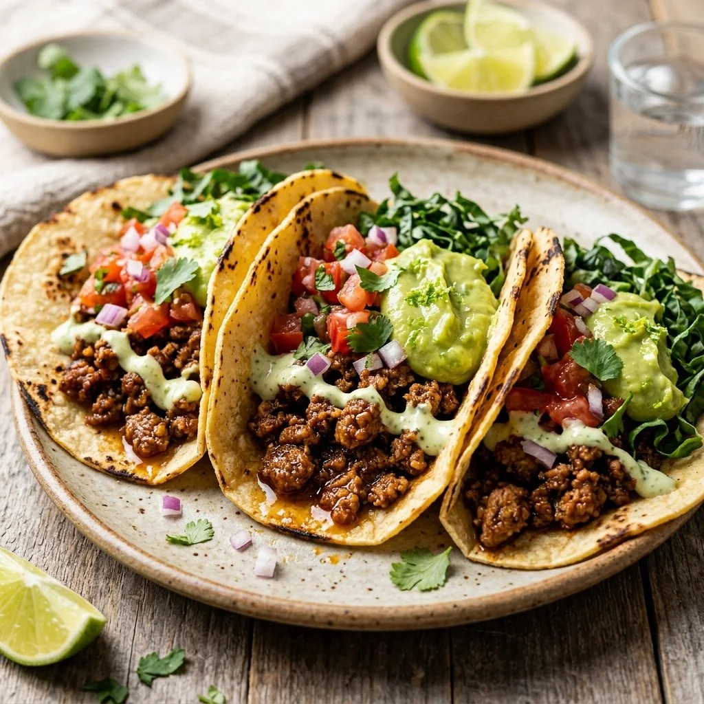 Plate of flavorful ground turkey tacos topped with fresh vegetables and salsa