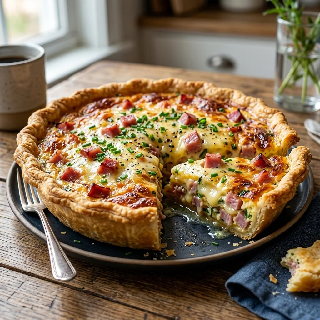 Delicious Ham and Swiss Quiche served on a plate