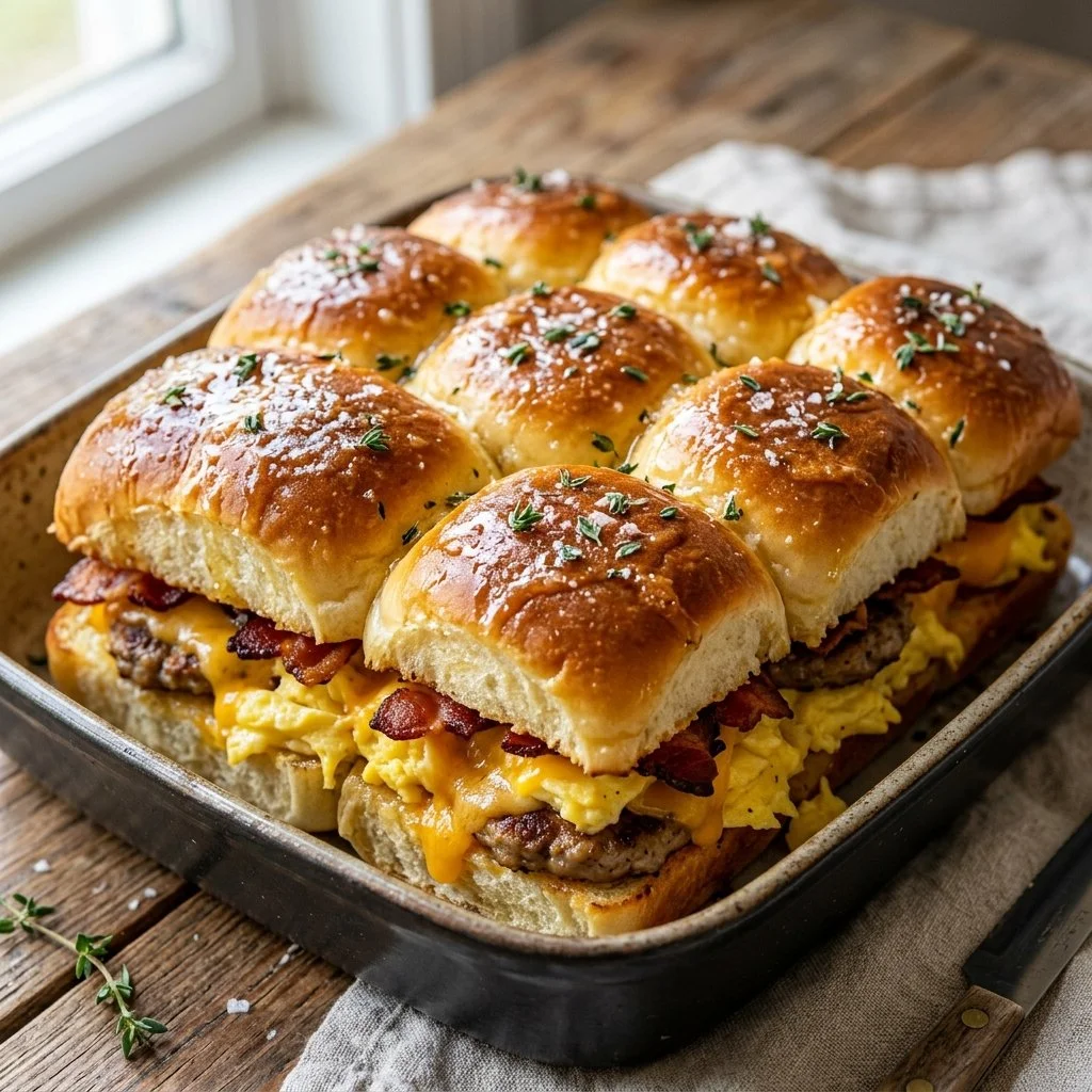 Hawaiian Roll Breakfast Sliders with egg and cheese served on a platter