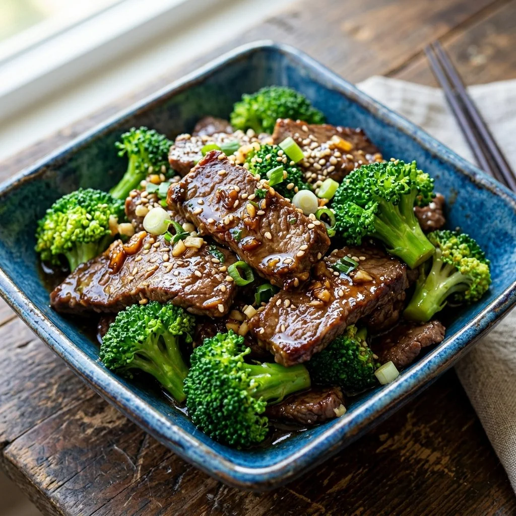 Healthy Beef and Broccoli dish served in a bowl with colorful vegetables