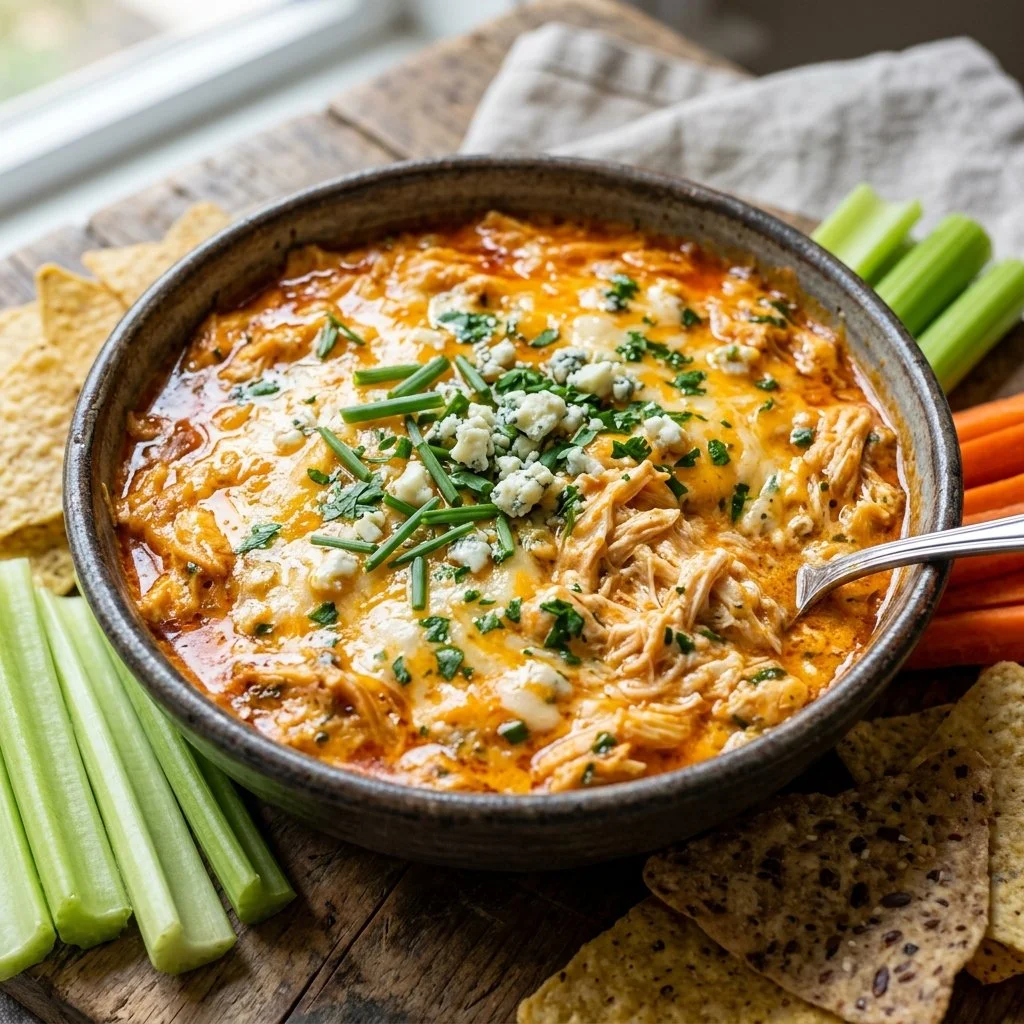 Bowl of healthy Buffalo Chicken Dip with fresh vegetables for dipping