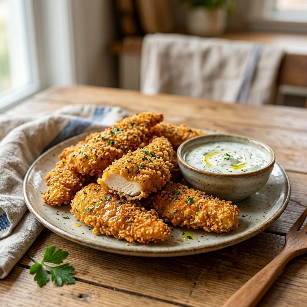 Plate of healthy chicken tenders with a side of vegetables