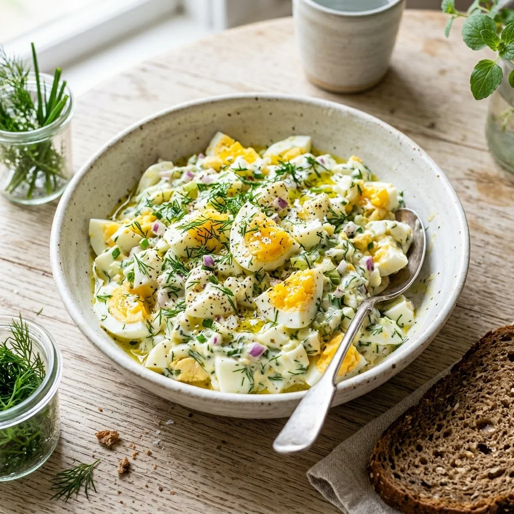 Bowl of healthy egg salad with fresh vegetables and herbs