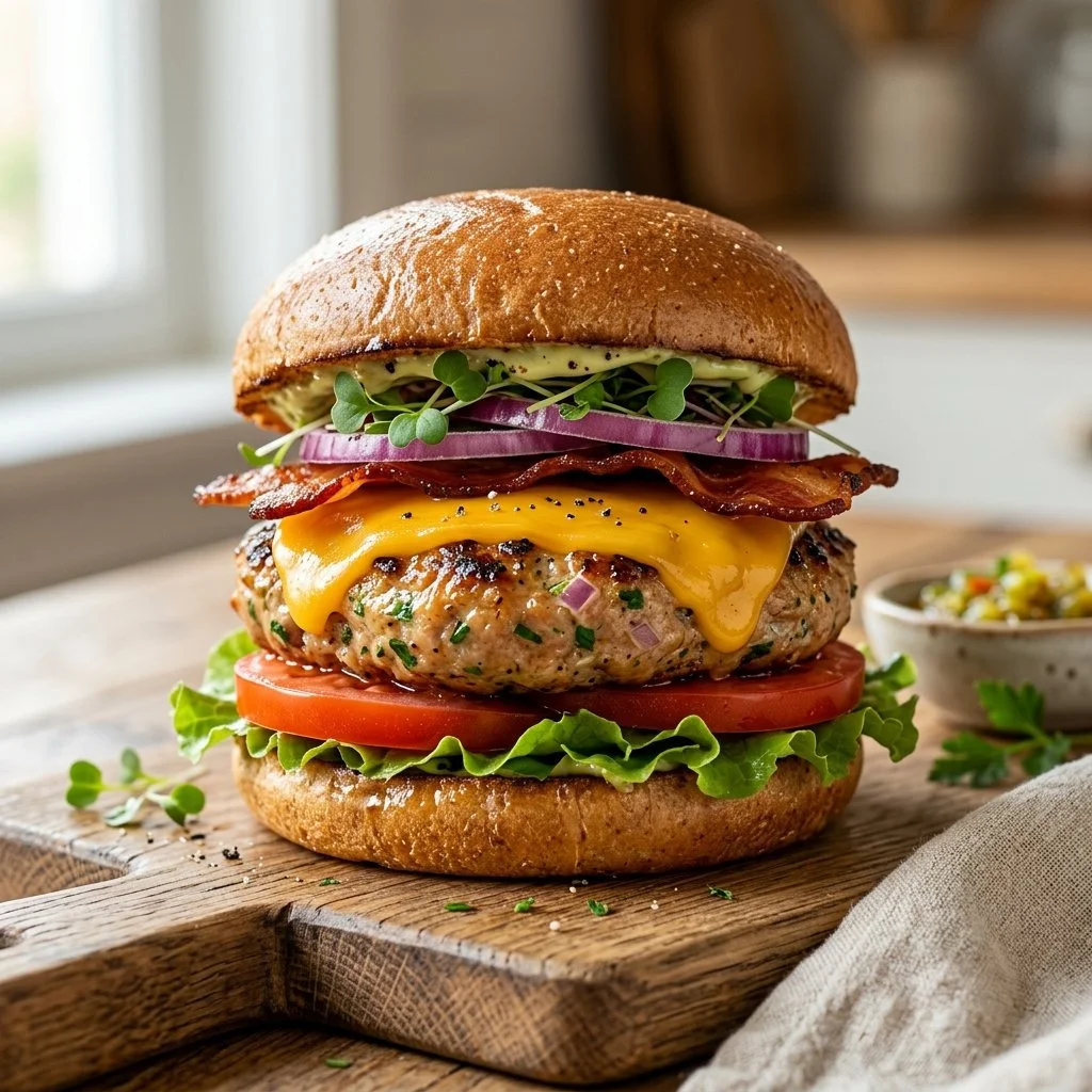 Healthy turkey burgers served with fresh toppings on a plate