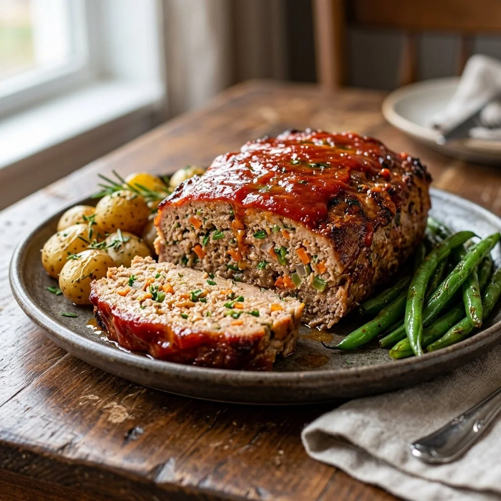 Healthy turkey meatloaf served with vegetables on a plate