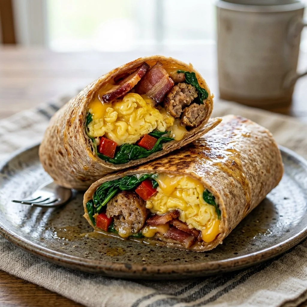 High protein breakfast wrap with eggs, vegetables, and cheese