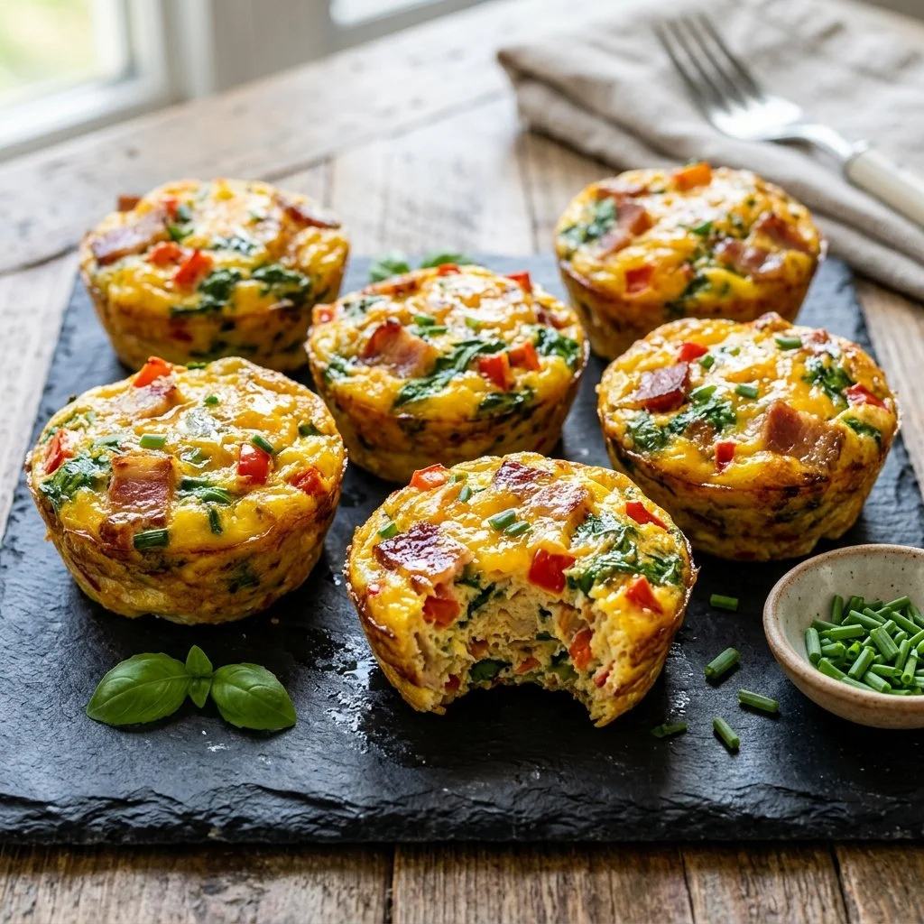 High protein egg muffins baked in a muffin tin with colorful vegetables.