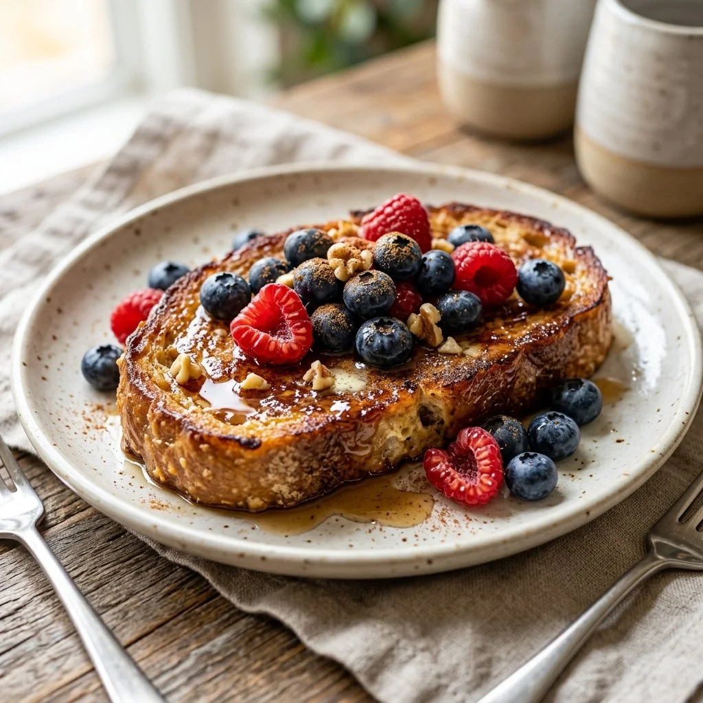 High Protein French Toast topped with fresh berries and syrup