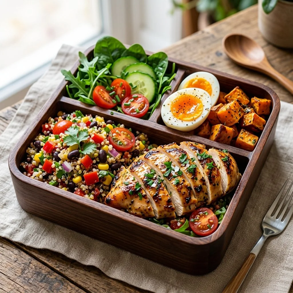 Colorful high protein lunch box filled with nutritious meals