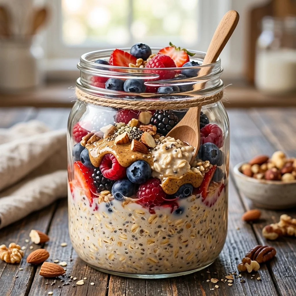 Bowl of high protein overnight oats topped with fresh fruits and nuts