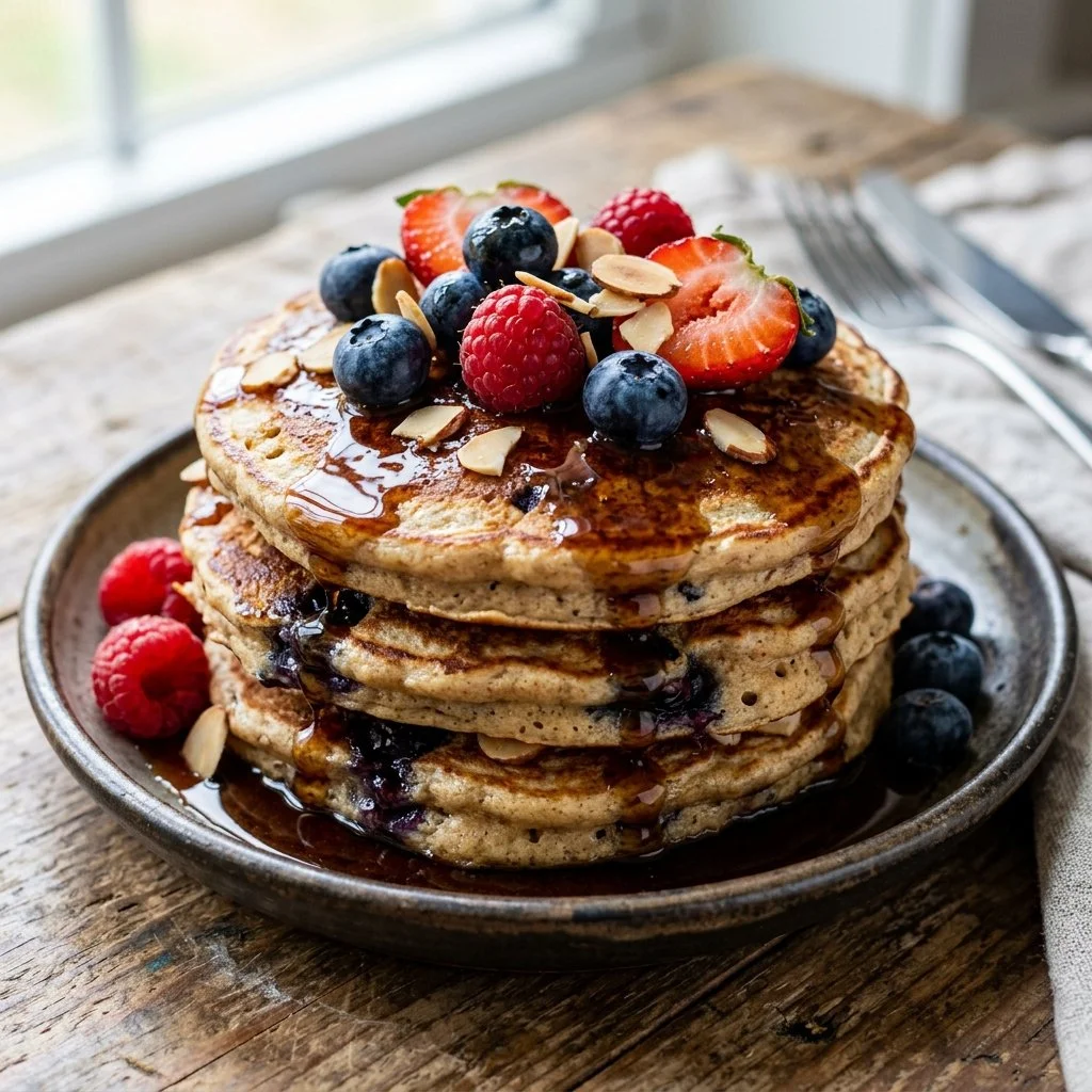 High protein pancakes stacked with syrup and fresh berries on a plate