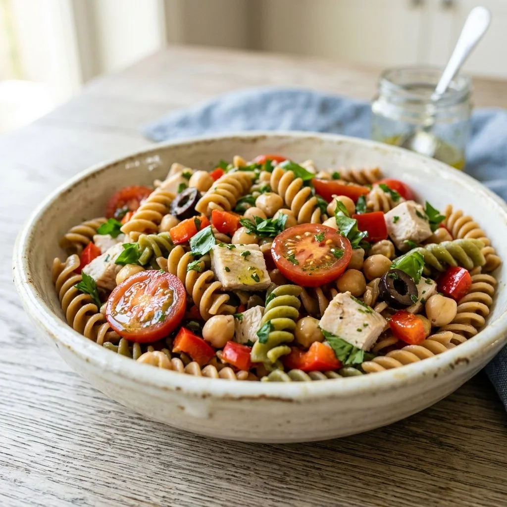 High protein pasta salad with vegetables and dressing, perfect for healthy meals.