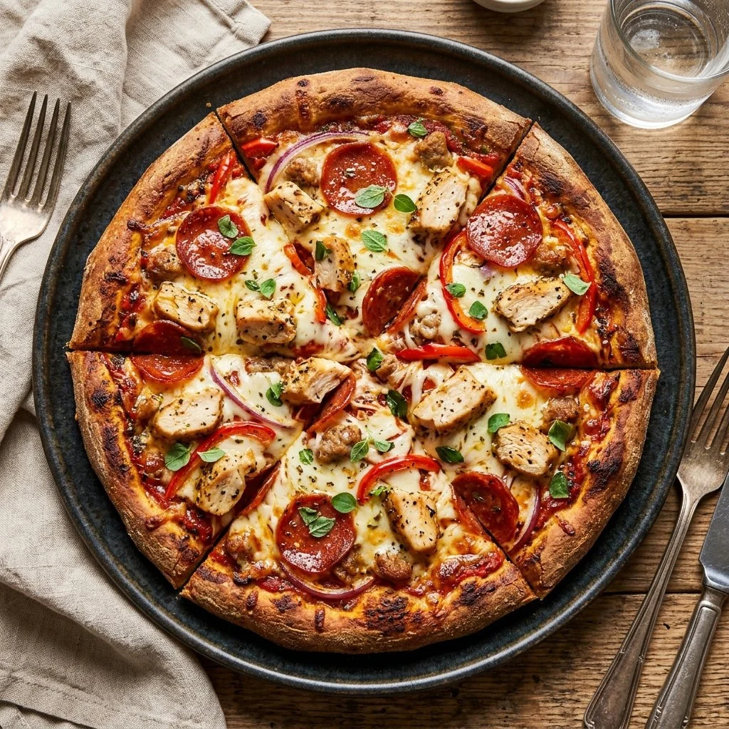 High protein pizza topped with fresh ingredients and cheese