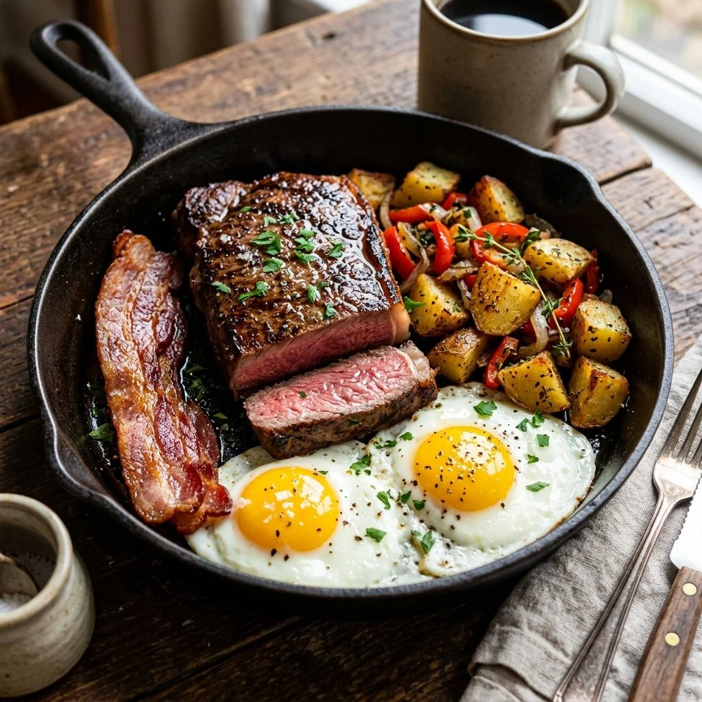 High protein steak breakfast served with eggs and vegetables